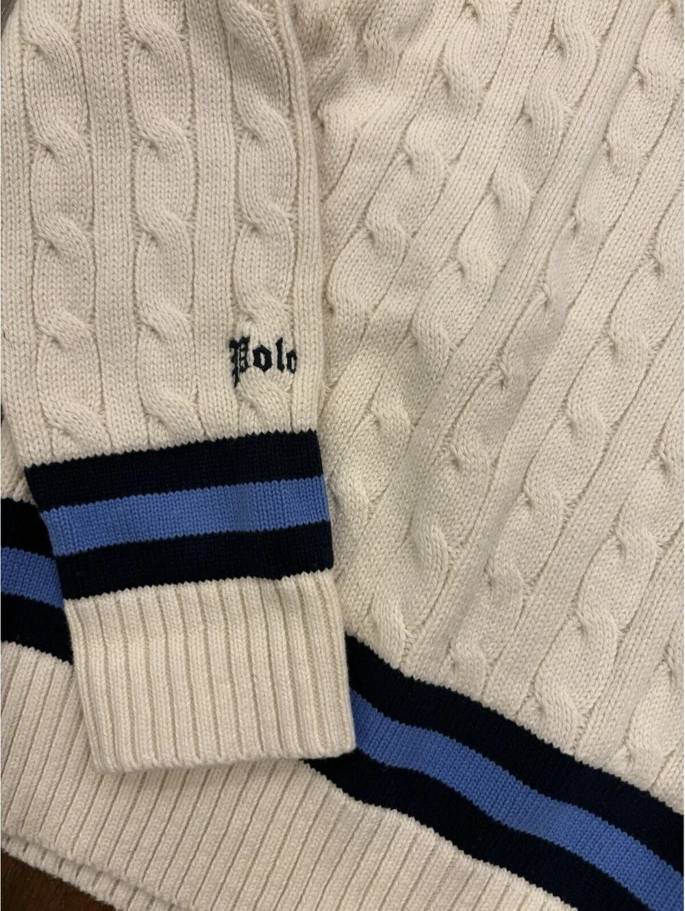 Polo Ralph Lauren Boy L White Cricket Cable Knit V Neck Sweater Cotton 14-16